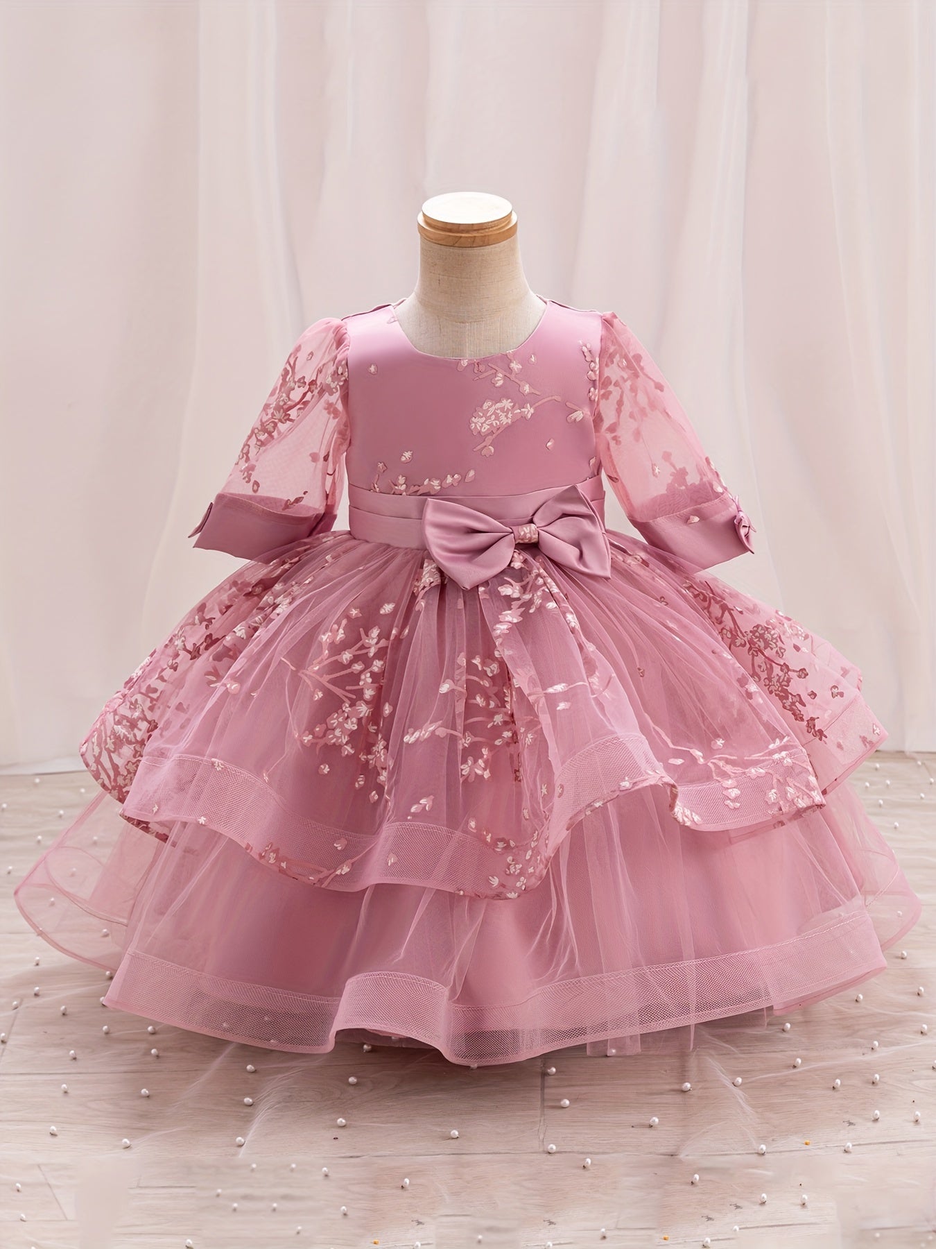 Girls' Summer New Puff Sleeve High-End Dress with Bow, Elegant Princess Dress, Christmas Dress, Christmas Gift