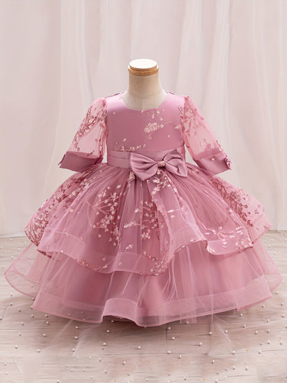 Girls' Summer New Puff Sleeve High-End Dress with Bow, Elegant Princess Dress, Christmas Dress, Christmas Gift