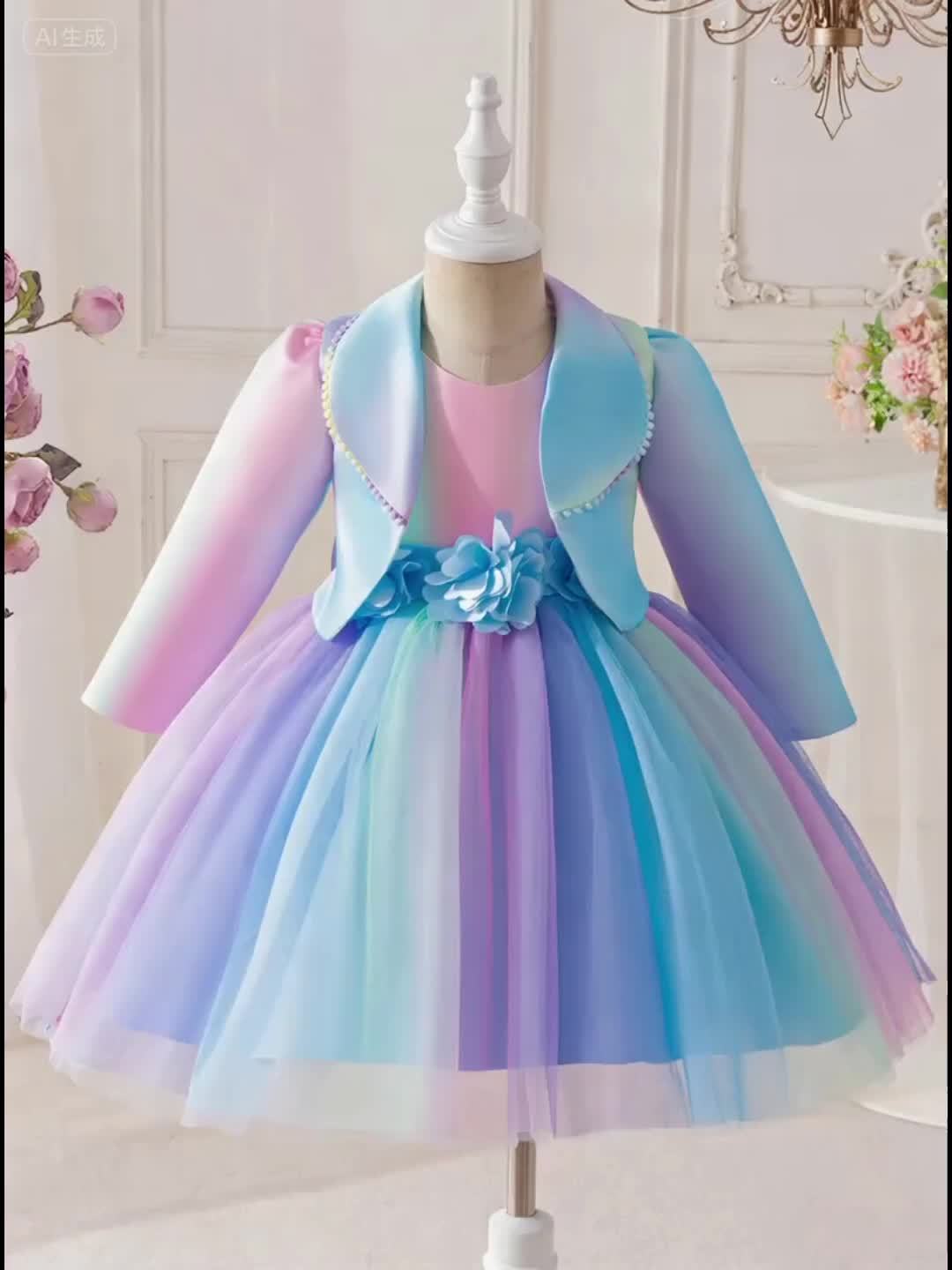 Girl's Autumn New Arrival Dress Set, Novelty Jacket for Special Occasions, Colorful Dress with Turn- Collar and Fringe, Versatile Top for Spring/Autumn, Party, Dance, Carnival, Festival, Concert, Stylish Handmade 3D Flower Ra