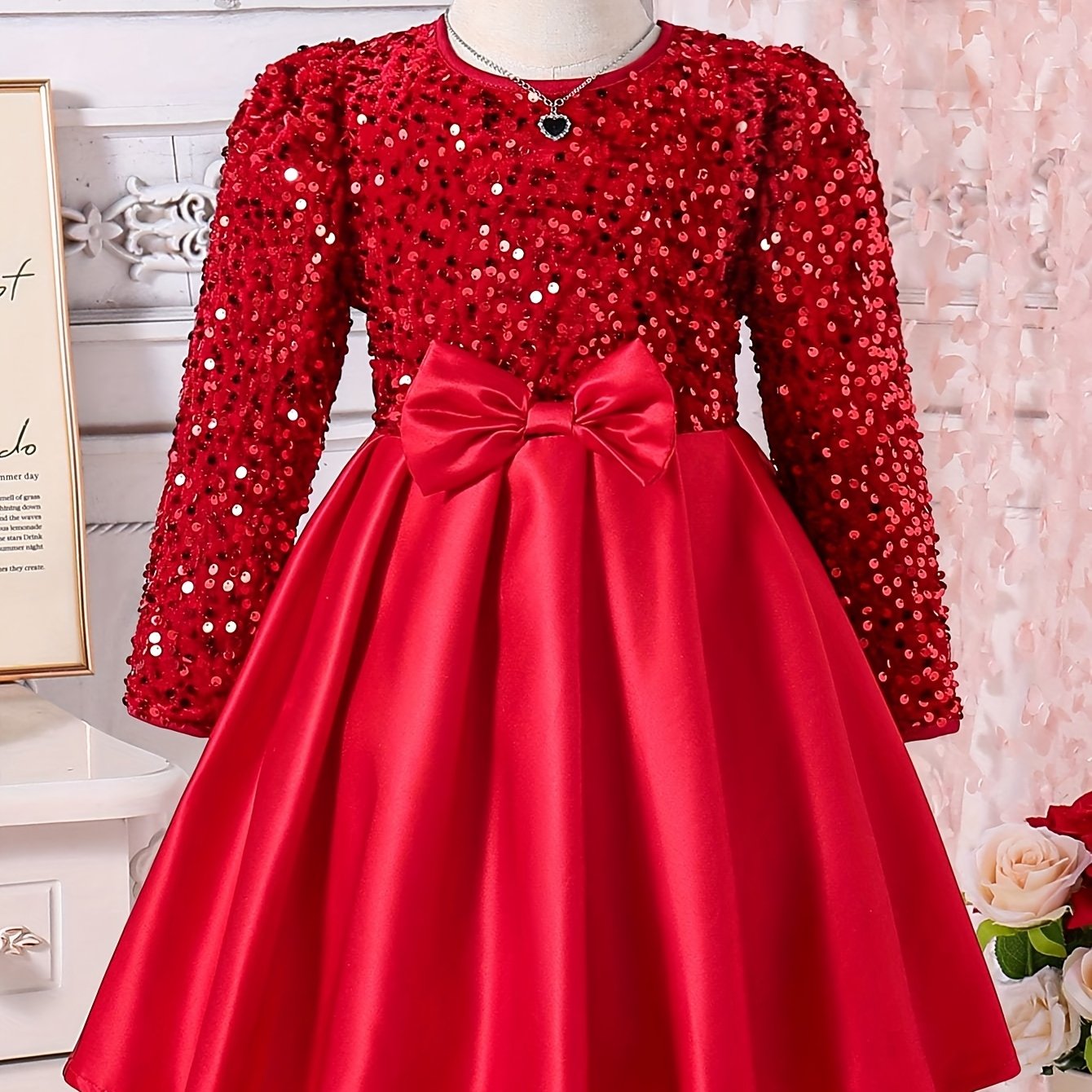 Girls' Elegant Long Sleeve Sequin & Mesh Princess Dress with Bow Detail - Emerald Green A-Line Short Dress, Machine Washable for Spring/Fall Formal Events