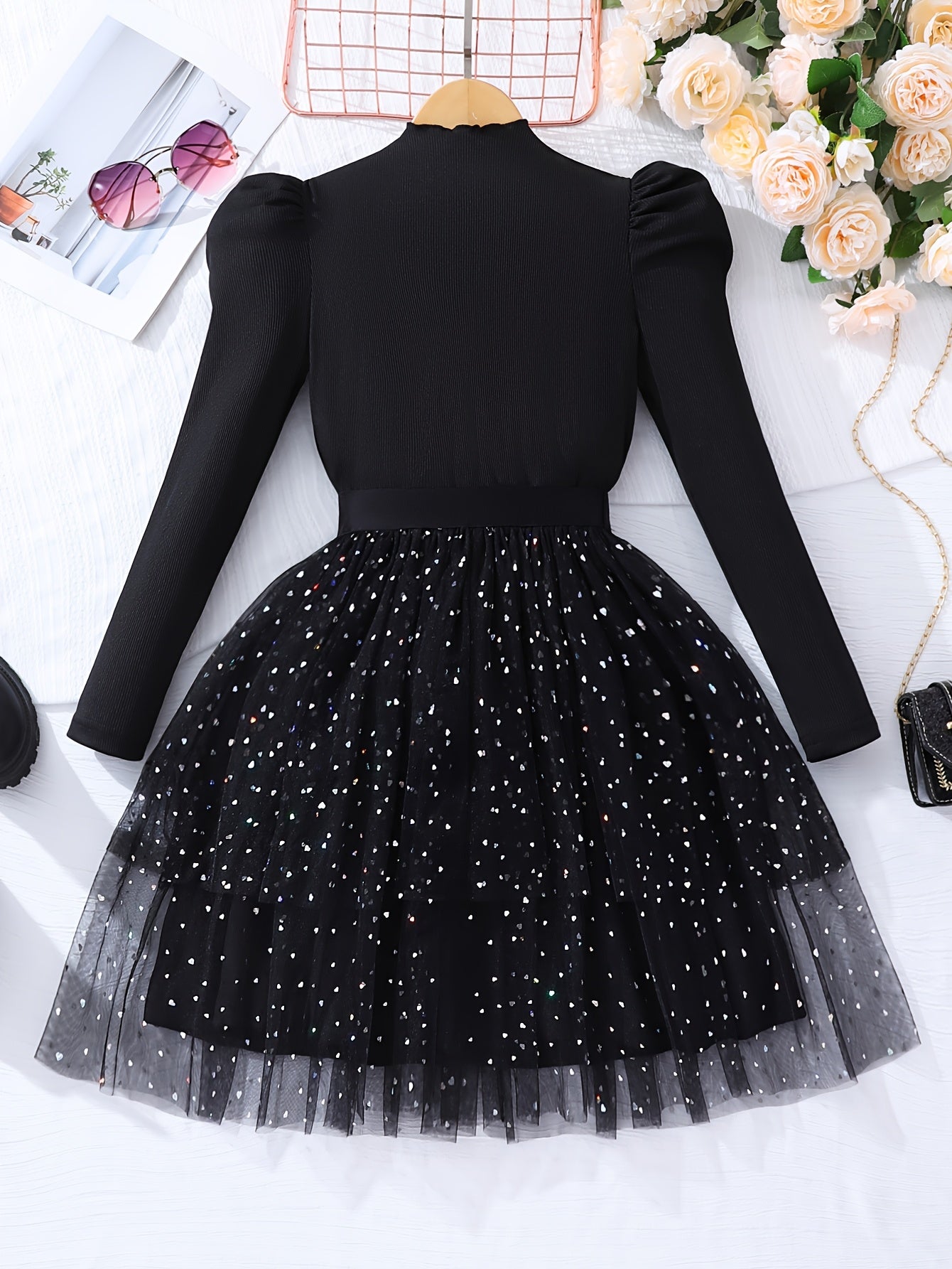 Girls' Casual Fashion Long Sleeve & Mesh Skirt Set for Spring, Autumn, and Winter