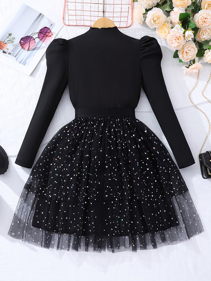 Girls' Casual Fashion Long Sleeve & Mesh Skirt Set for Spring, Autumn, and Winter