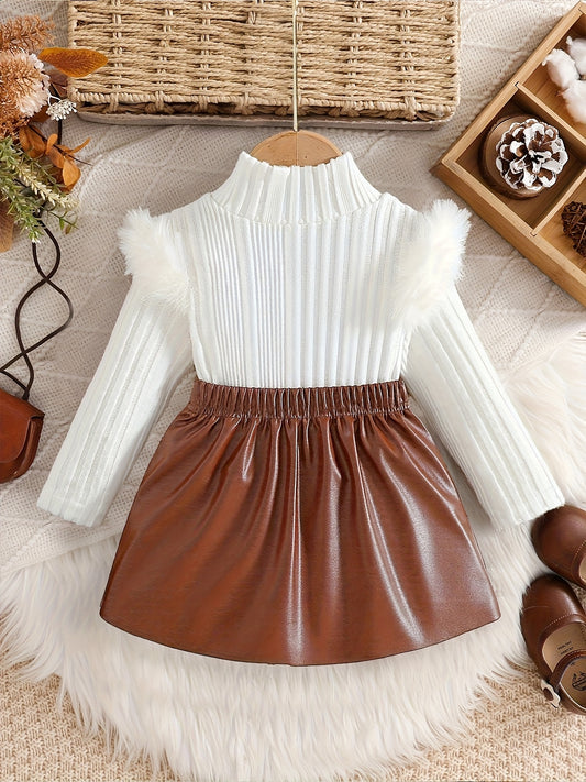 2pcs Girls' Fashionable Spring/Autumn Set: Knit Long Sleeve Plush Flutter Sleeve Top + Bow Tie Elastic Waist Pleated Skirt. Perfect for Outdoor Youthful and Elegant Outfit