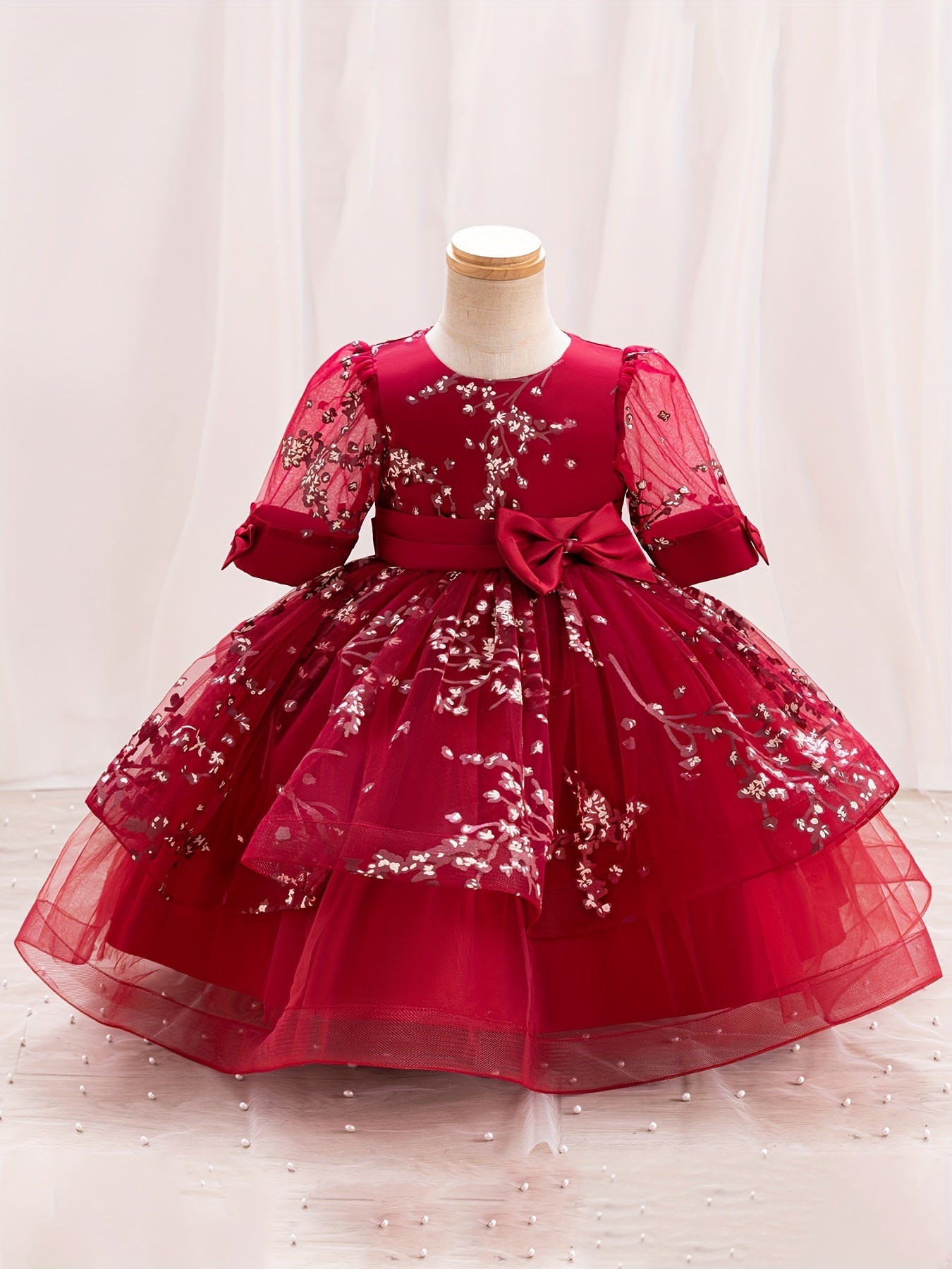 Girls' Summer New Puff Sleeve High-End Dress with Bow, Elegant Princess Dress, Christmas Dress, Christmas Gift