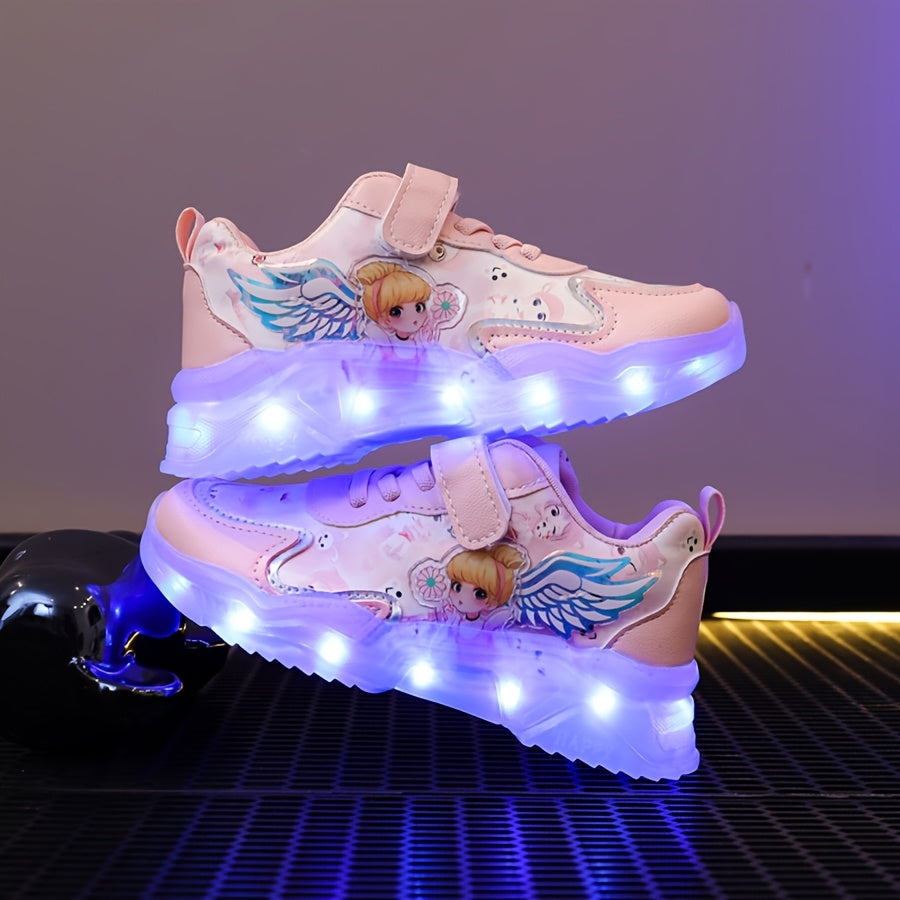 Girls & Glowing LED Sneakers with USB Charging, Low-Top Light-Up Shoes with Heart & Star Patterns, Pastel Pink/Clear Light Effects, Breathable PU Mesh & Cushioned TPR Sole for Nighttime Play,, - Magical Glow-in-the-Dark Shoes