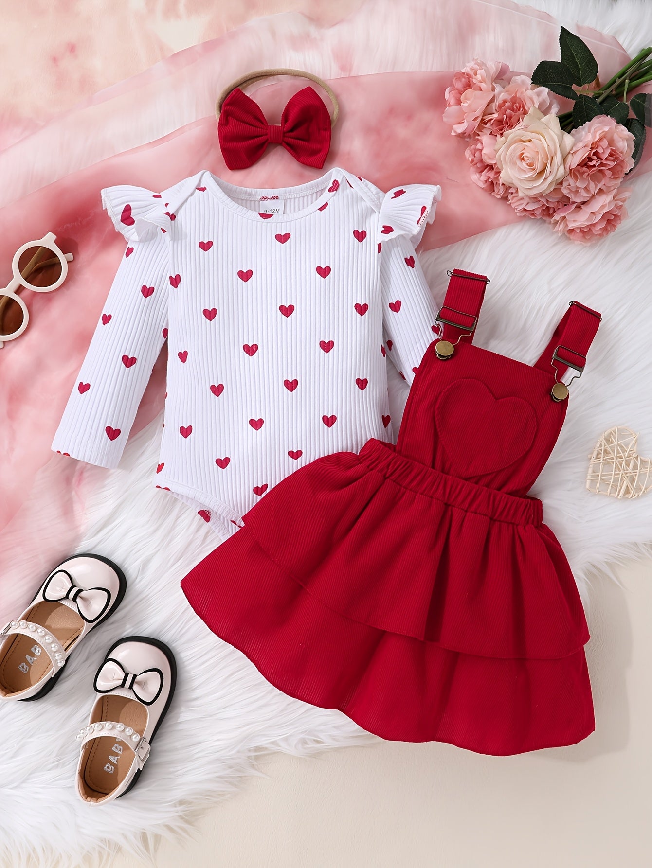 Girls' Love Print Ruffle Sleeve Top Double Skirt Overalls with Bow Headband Three-Piece Set, for Outdoor
