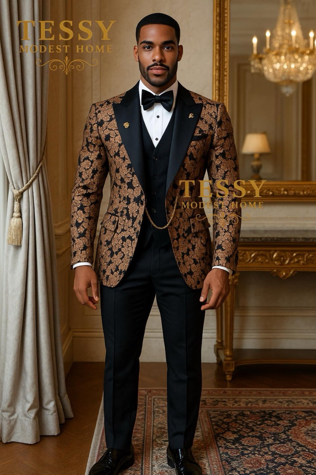 Black & Gold Brocade Tuxedo | Tessy Modest Home | Handmade Regal Formalwear - Tessy Modest Home