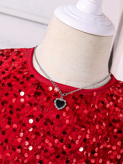 Girls' Elegant Long Sleeve Sequin & Mesh Princess Dress with Bow Detail - Emerald Green A-Line Short Dress, Machine Washable for Spring/Fall Formal Events