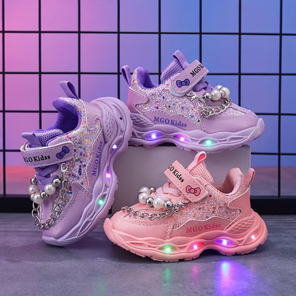 MGO Kidss Girls' LED Light-Up Sneakers with Beads & Bows - Glowing Shoes for Night Walks, Parties, - Low-Top Sparkling Dance Shoes (Pink/Purple) Ages 1-6 Years, Easy Closure, PU/PVC/ (-Free)