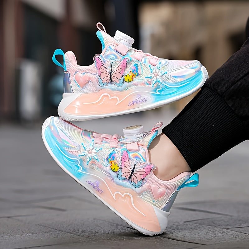 Trendy Iridescent Girls' Sneakers with Colorful Butterfly & Flower Design - Breathable Mesh Upper, EVA Sole, Cute Low-Top Sneakers for Youngsters, Girls' Sneakers | Playful Footwear | EVA Sole Sneaker