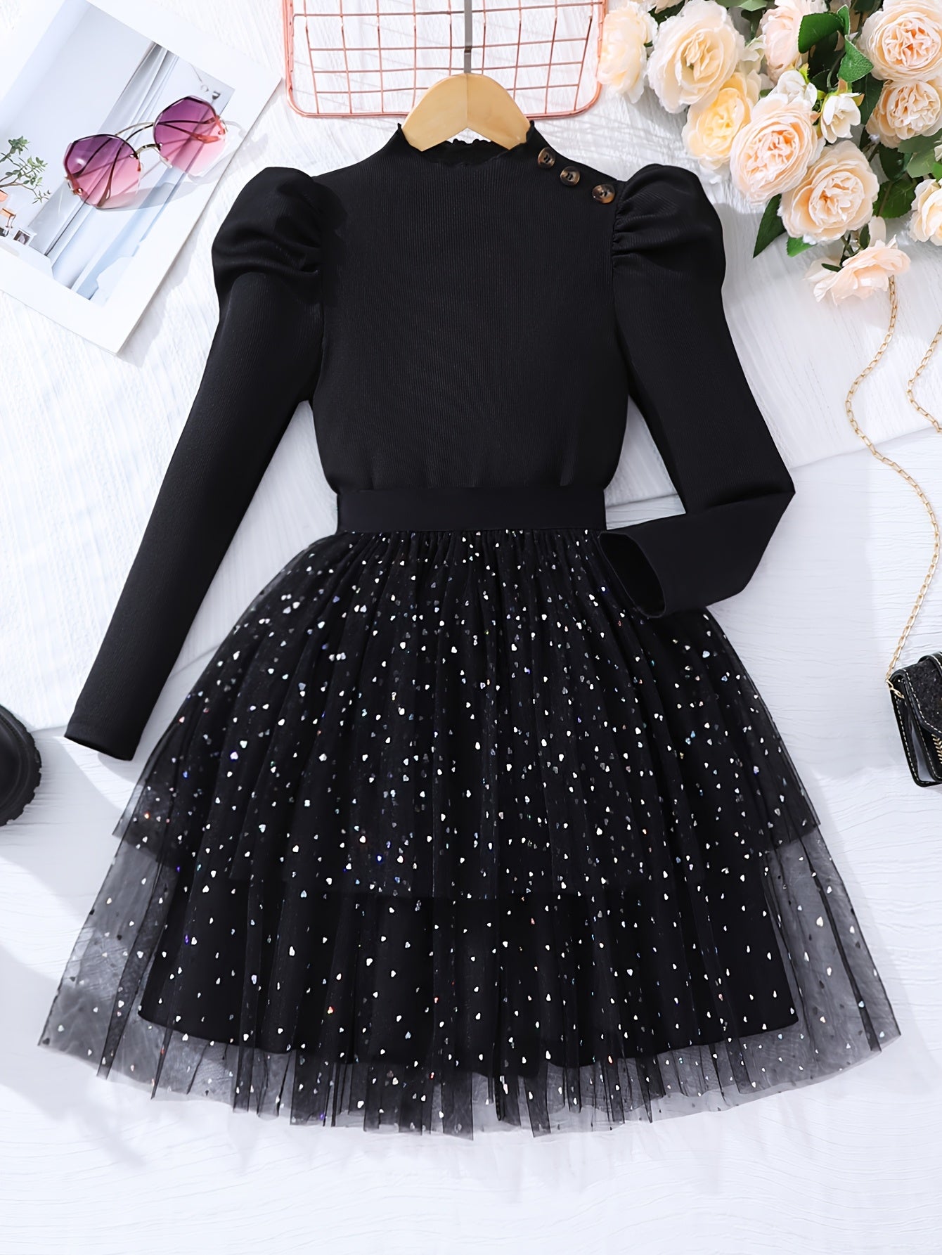 Girls' Casual Fashion Long Sleeve & Mesh Skirt Set for Spring, Autumn, and Winter