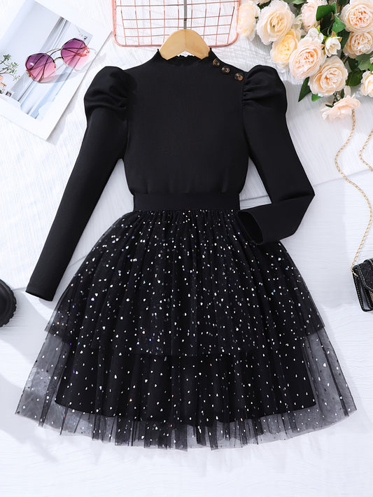 Girls' Casual Fashion Long Sleeve & Mesh Skirt Set for Spring, Autumn, and Winter