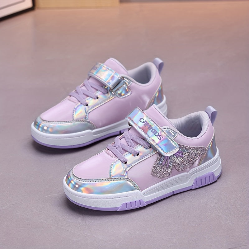 Girls' Sparkling Iridescent Rainbow Bow & Butterfly Sneakers - Purple/Pink Low-Top Lace-Free Magic Tape Closure, PU/ Cushioned Sole, All-Season Casual Shoes for, Playground & Casual Attire ( &)