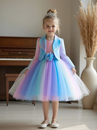 Girl's Autumn New Arrival Dress Set, Novelty Jacket for Special Occasions, Colorful Dress with Turn- Collar and Fringe, Versatile Top for Spring/Autumn, Party, Dance, Carnival, Festival, Concert, Stylish Handmade 3D Flower Ra