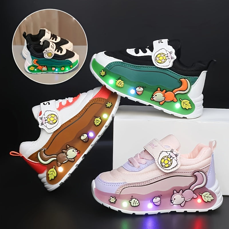 Girls' LED -Up Sneakers with Glowing Soles & Cute Squirrel/Mushroom/Tomato Print - Multicolor Low-Top Closure Sparkling Shoes for Parties,, Casual Attire - All-Season Kids' Flash Shoes (Pink/Green/White)