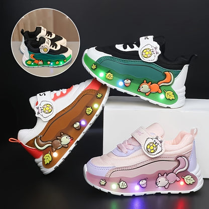 Girls' LED -Up Sneakers with Glowing Soles & Cute Squirrel/Mushroom/Tomato Print - Multicolor Low-Top Closure Sparkling Shoes for Parties,, Casual Attire - All-Season Kids' Flash Shoes (Pink/Green/White)