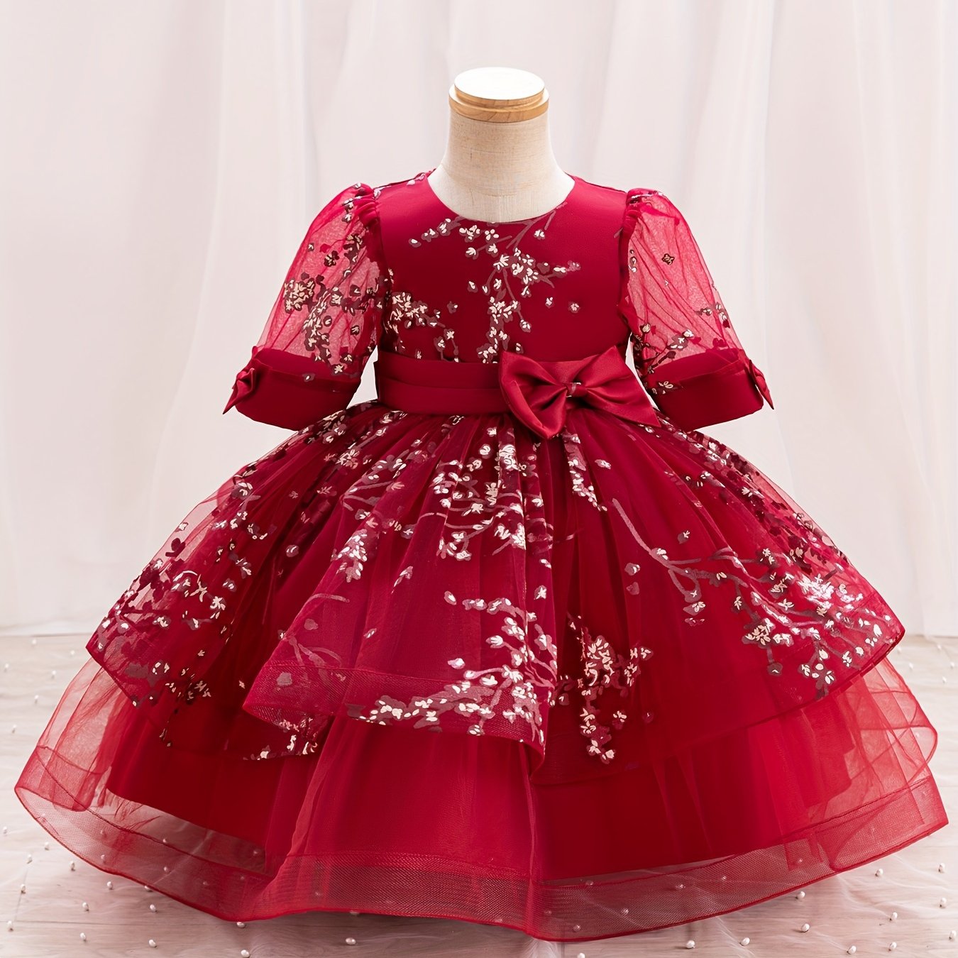 Girls' Summer New Puff Sleeve High-End Dress with Bow, Elegant Princess Dress, Christmas Dress, Christmas Gift