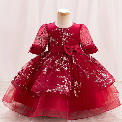 Girls' Summer New Puff Sleeve High-End Dress with Bow, Elegant Princess Dress, Christmas Dress, Christmas Gift