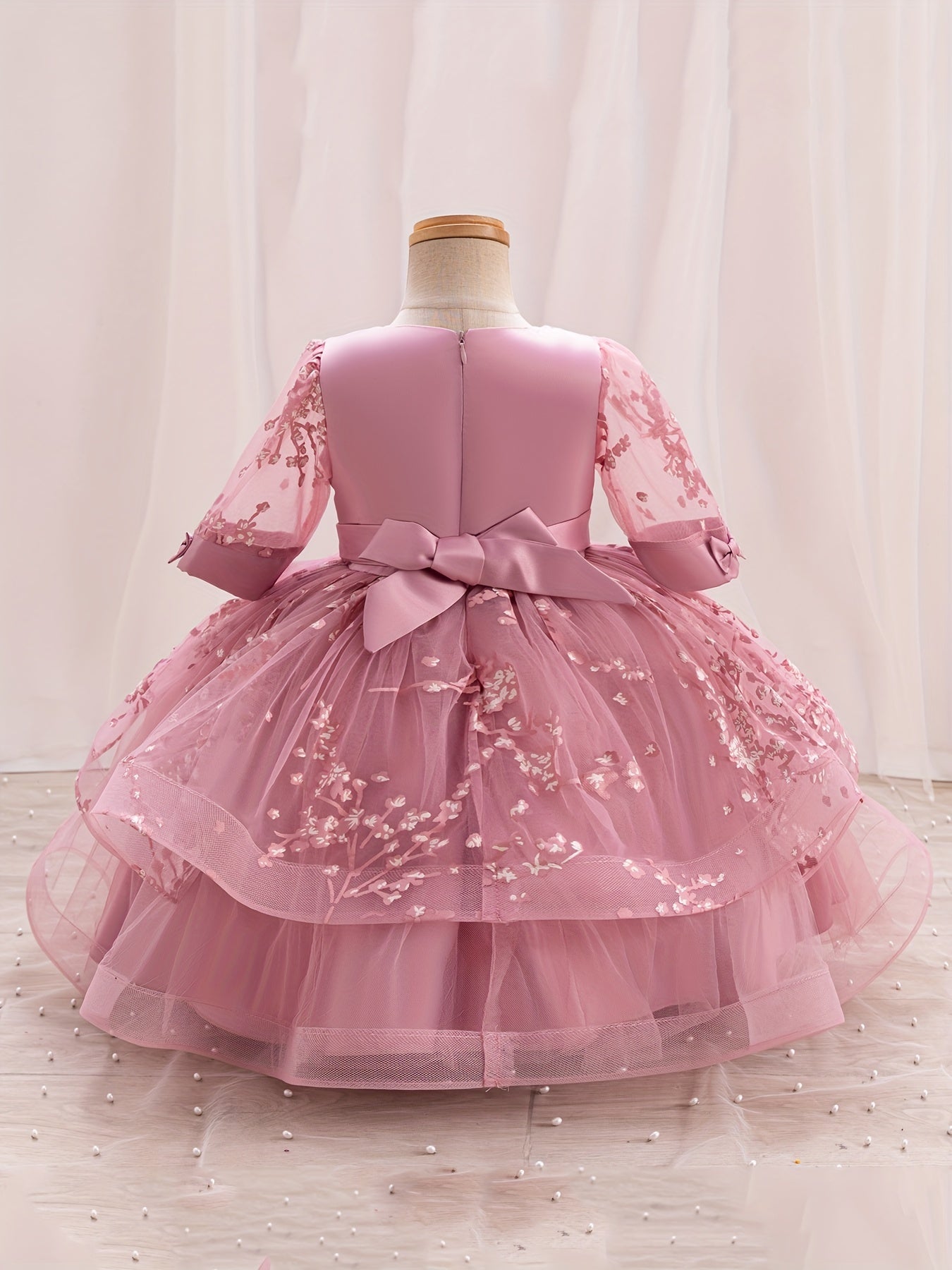 Girls' Summer New Puff Sleeve High-End Dress with Bow, Elegant Princess Dress, Christmas Dress, Christmas Gift