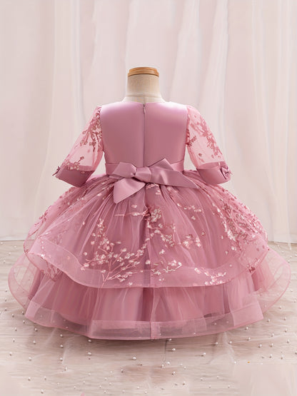 Girls' Summer New Puff Sleeve High-End Dress with Bow, Elegant Princess Dress, Christmas Dress, Christmas Gift