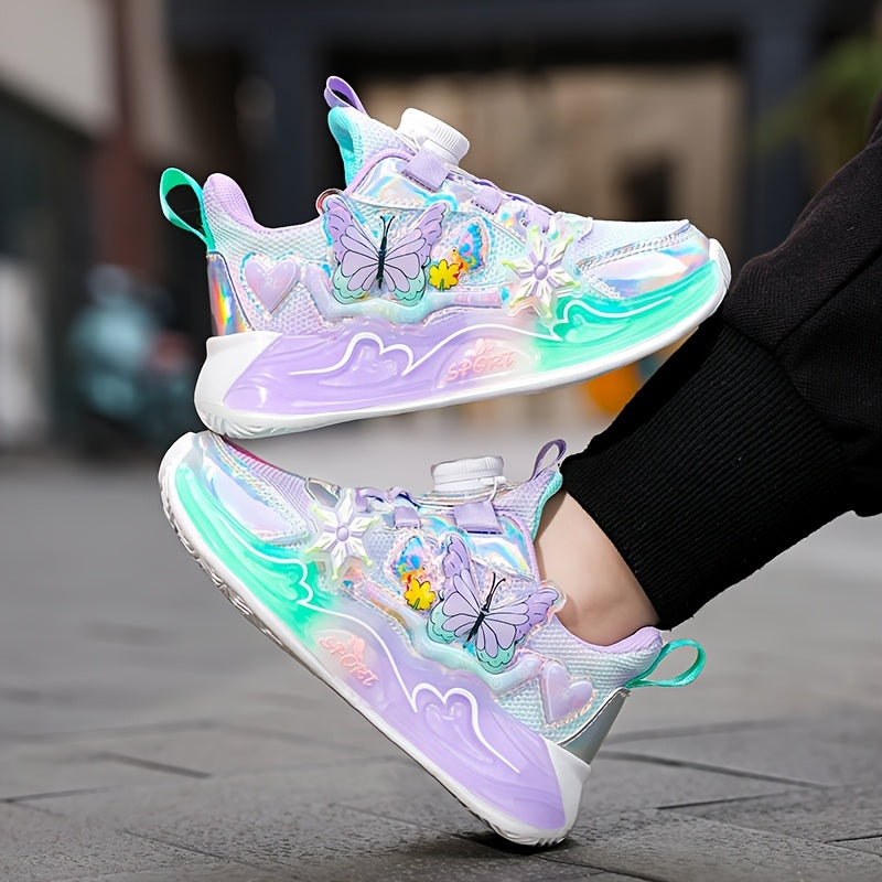 Trendy Iridescent Girls' Sneakers with Colorful Butterfly & Flower Design - Breathable Mesh Upper, EVA Sole, Cute Low-Top Sneakers for Youngsters, Girls' Sneakers | Playful Footwear | EVA Sole Sneaker