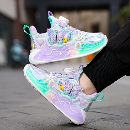 Trendy Iridescent Girls' Sneakers with Colorful Butterfly & Flower Design - Breathable Mesh Upper, EVA Sole, Cute Low-Top Sneakers for Youngsters, Girls' Sneakers | Playful Footwear | EVA Sole Sneaker