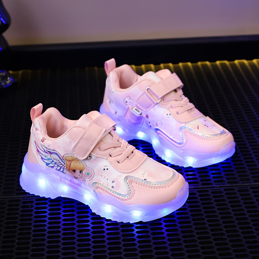 Girls & Glowing LED Sneakers with USB Charging, Low-Top Light-Up Shoes with Heart & Star Patterns, Pastel Pink/Clear Light Effects, Breathable PU Mesh & Cushioned TPR Sole for Nighttime Play,, - Magical Glow-in-the-Dark Shoes