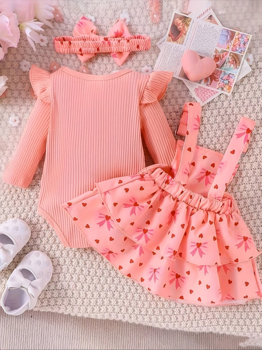 Girls' Pink Top + Bow Heart Camisole Dress + Hair Accessory Set P101687, Perfect for Outdoor