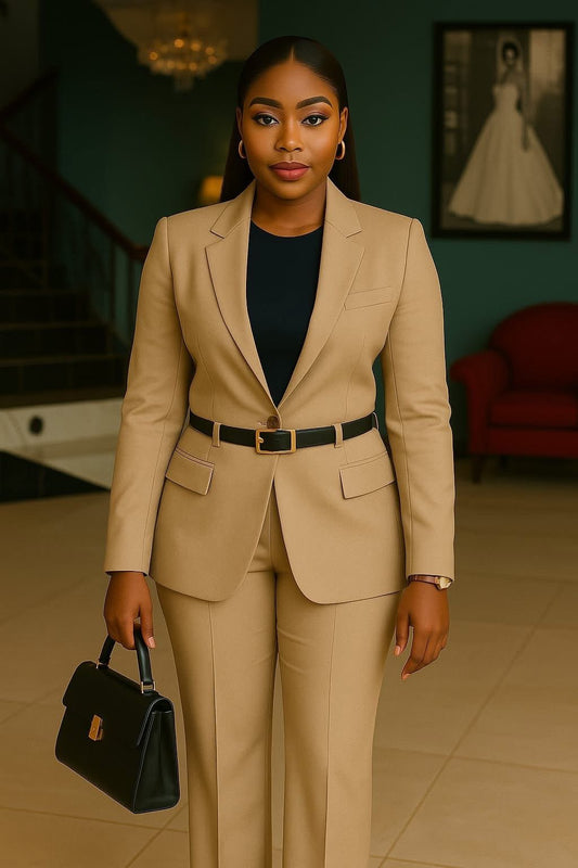 Classic Camel Power Suit | Made to Order | Two Piece Set | Tessy Modest Home - Tessy Modest Home
