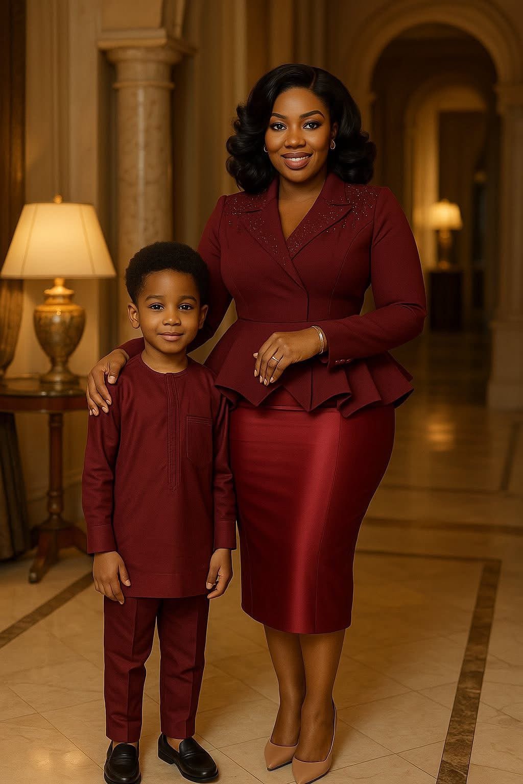 Crimson Elegance | Deep Red Mother & Son Formal Set | Made - to - Order | Tessy Modest Home - Tessy Modest Home