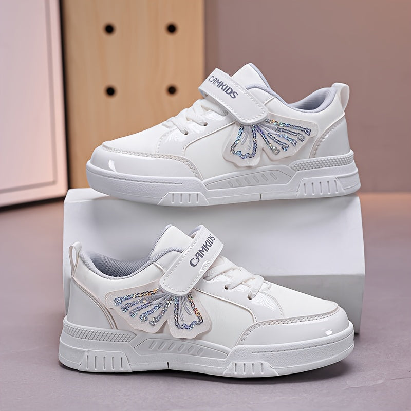 Girls' Sparkling Iridescent Rainbow Bow & Butterfly Sneakers - Purple/Pink Low-Top Lace-Free Magic Tape Closure, PU/ Cushioned Sole, All-Season Casual Shoes for, Playground & Casual Attire ( &)