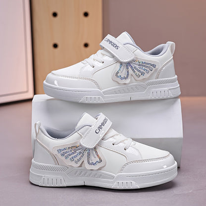 Girls' Sparkling Iridescent Rainbow Bow & Butterfly Sneakers - Purple/Pink Low-Top Lace-Free Magic Tape Closure, PU/ Cushioned Sole, All-Season Casual Shoes for, Playground & Casual Attire ( &)