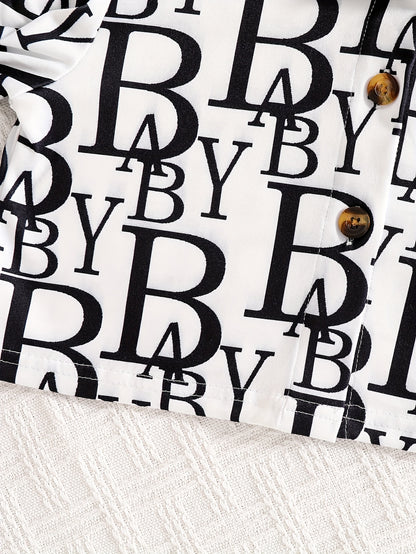 2pcs Set Girls' Trendy Long-Sleeve Shirt + Elastic Waist Mesh Skirt Spring/Autumn Fashion Street Style Letter Print Shirt with Bow Detail Short Dress Two-Piece Flounce Collar Button-Up Cardigan Puff Sleeve Princess Dress Soft