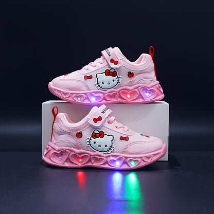 Girls' Glow-in-the-Dark Princess Sneakers with Lights - Pink & White Cartoon Design, Closure, Breathable Mesh Upper, Soft EVA Insole, Durable PVC Sole for Youngsters 1-6 Years, Spring Summer Casual Running Shoes, Shoes for Gi