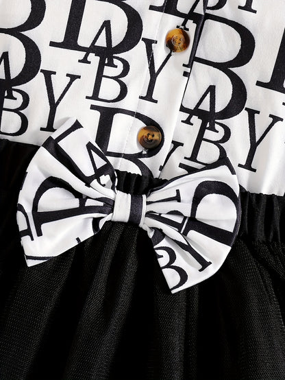 2pcs Set Girls' Trendy Long-Sleeve Shirt + Elastic Waist Mesh Skirt Spring/Autumn Fashion Street Style Letter Print Shirt with Bow Detail Short Dress Two-Piece Flounce Collar Button-Up Cardigan Puff Sleeve Princess Dress Soft