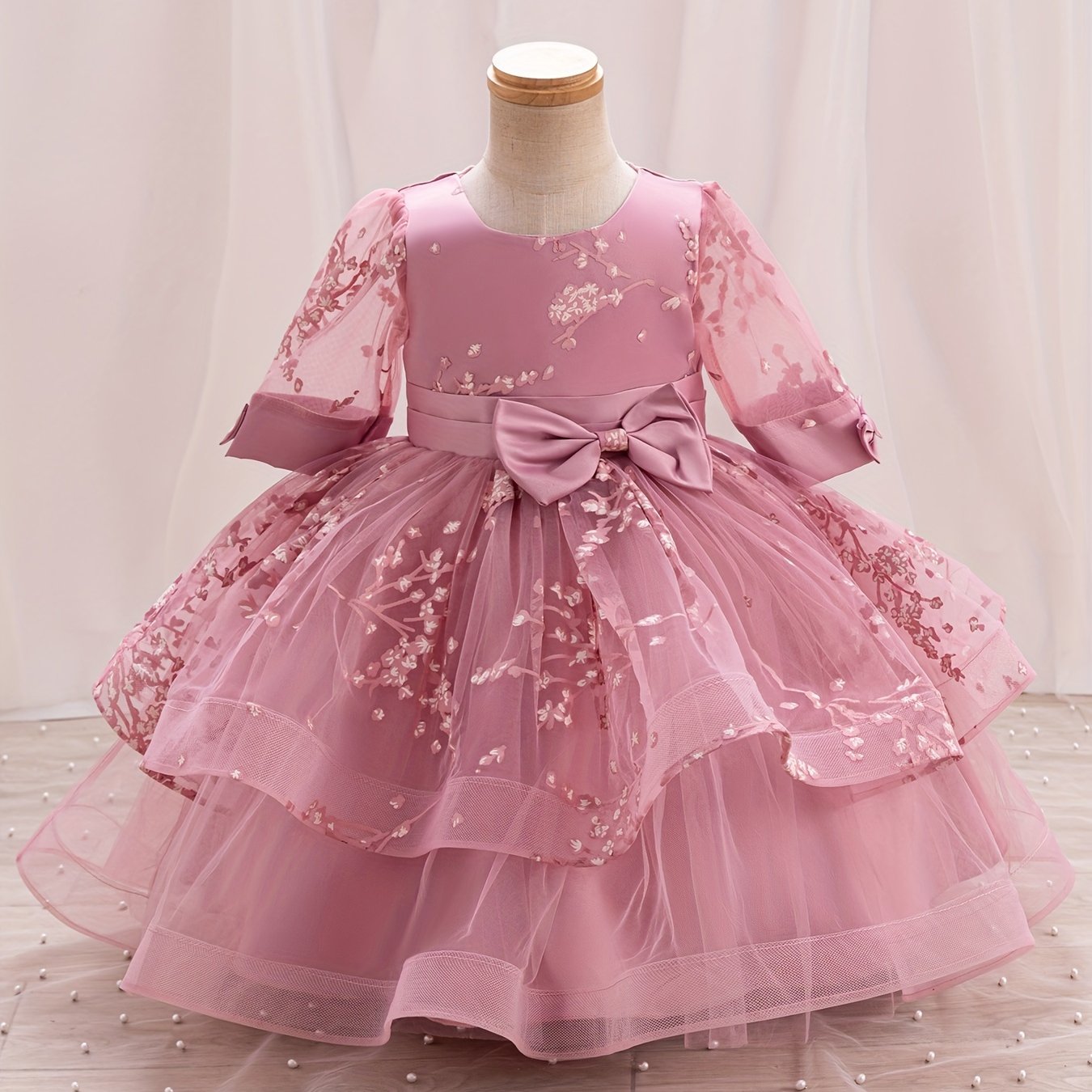 Girls' Summer New Puff Sleeve High-End Dress with Bow, Elegant Princess Dress, Christmas Dress, Christmas Gift