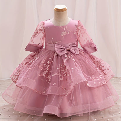 Girls' Summer New Puff Sleeve High-End Dress with Bow, Elegant Princess Dress, Christmas Dress, Christmas Gift