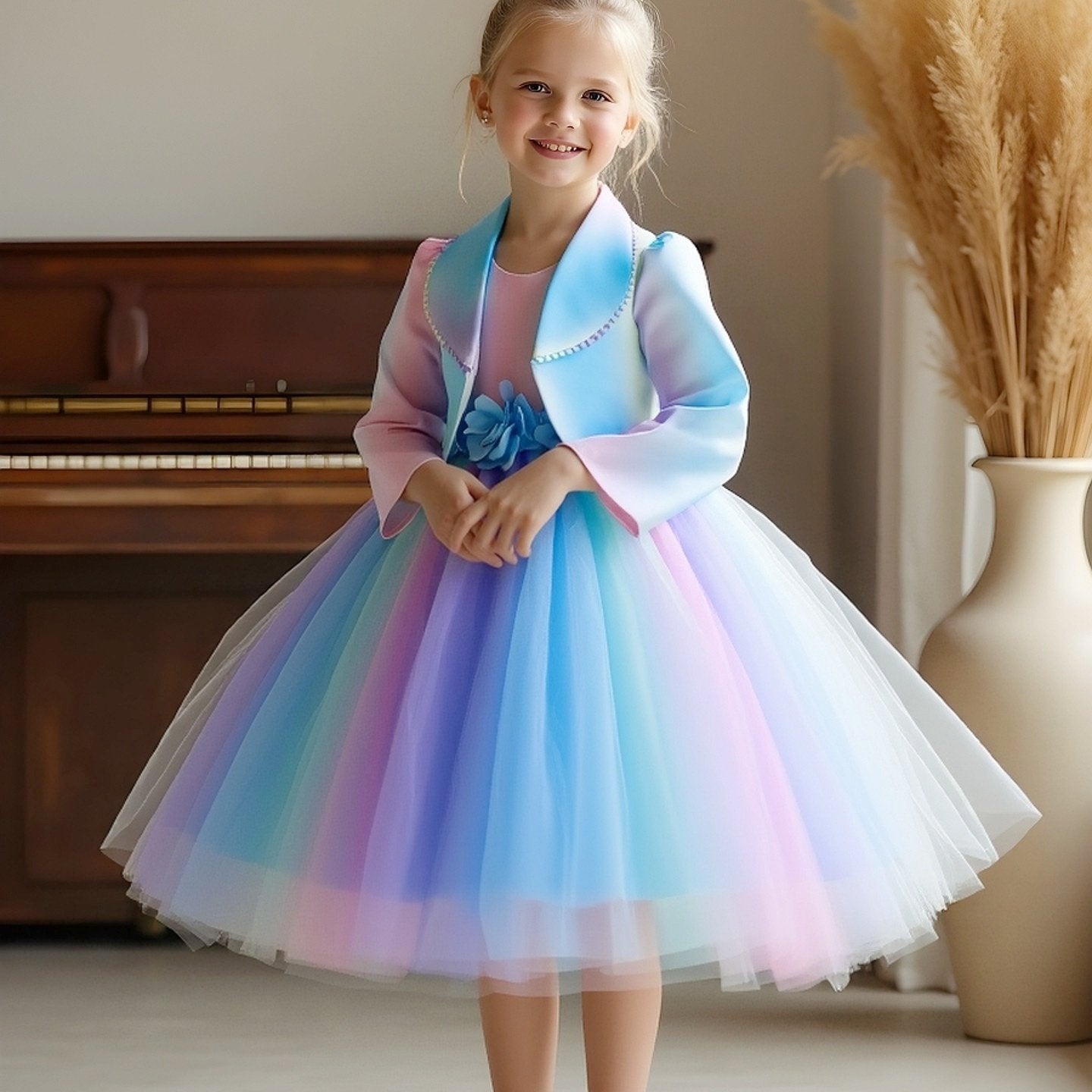 Girl's Autumn New Arrival Dress Set, Novelty Jacket for Special Occasions, Colorful Dress with Turn- Collar and Fringe, Versatile Top for Spring/Autumn, Party, Dance, Carnival, Festival, Concert, Stylish Handmade 3D Flower Ra