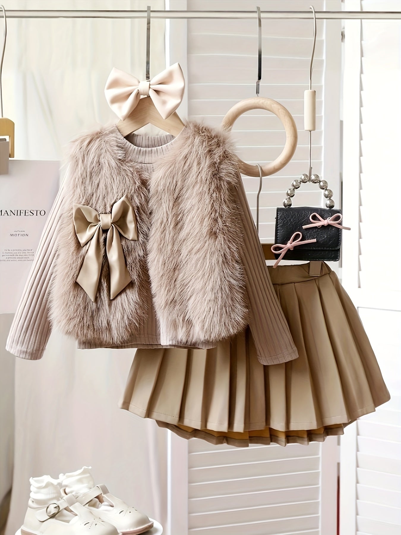 3pcs ' Elegant Winter Fur-like Coat & Skirt Set with Bow Detailing - Soft Pastel Beige or Brown Long Sleeve Dress Outfit, Machine Washable & Dry Cleanable, Cozy Faux-Fur Trim, Ruffled Collar & Layered Skirt for Fall/Winter, B