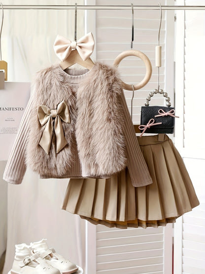 3pcs ' Elegant Winter Fur-like Coat & Skirt Set with Bow Detailing - Soft Pastel Beige or Brown Long Sleeve Dress Outfit, Machine Washable & Dry Cleanable, Cozy Faux-Fur Trim, Ruffled Collar & Layered Skirt for Fall/Winter, B