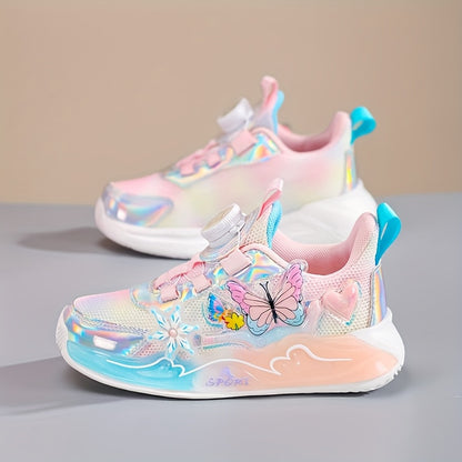 Trendy Iridescent Girls' Sneakers with Colorful Butterfly & Flower Design - Breathable Mesh Upper, EVA Sole, Cute Low-Top Sneakers for Youngsters, Girls' Sneakers | Playful Footwear | EVA Sole Sneaker