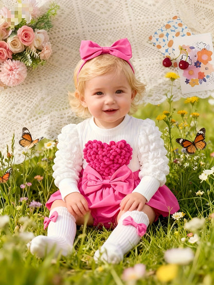 Baby Girl'S Heart & Bow Print Bodysuit with Ruffled Sleeves & Bow Detail - Long Sleeve Winter Outfit, Soft Pink & Color Block, Perfect for Fall/Winter, for Outdoor