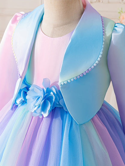 Girl's Autumn New Arrival Dress Set, Novelty Jacket for Special Occasions, Colorful Dress with Turn- Collar and Fringe, Versatile Top for Spring/Autumn, Party, Dance, Carnival, Festival, Concert, Stylish Handmade 3D Flower Ra