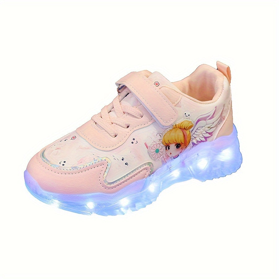 Girls & Glowing LED Sneakers with USB Charging, Low-Top Light-Up Shoes with Heart & Star Patterns, Pastel Pink/Clear Light Effects, Breathable PU Mesh & Cushioned TPR Sole for Nighttime Play,, - Magical Glow-in-the-Dark Shoes