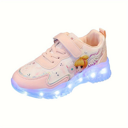 Girls & Glowing LED Sneakers with USB Charging, Low-Top Light-Up Shoes with Heart & Star Patterns, Pastel Pink/Clear Light Effects, Breathable PU Mesh & Cushioned TPR Sole for Nighttime Play,, - Magical Glow-in-the-Dark Shoes