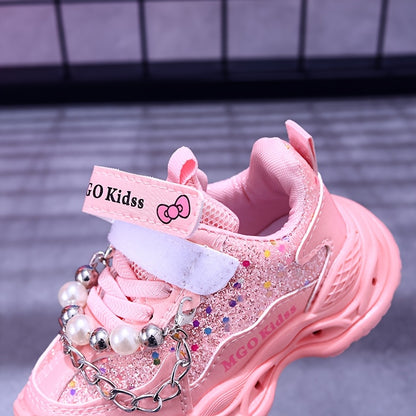 MGO Kidss Girls' LED Light-Up Sneakers with Beads & Bows - Glowing Shoes for Night Walks, Parties, - Low-Top Sparkling Dance Shoes (Pink/Purple) Ages 1-6 Years, Easy Closure, PU/PVC/ (-Free)