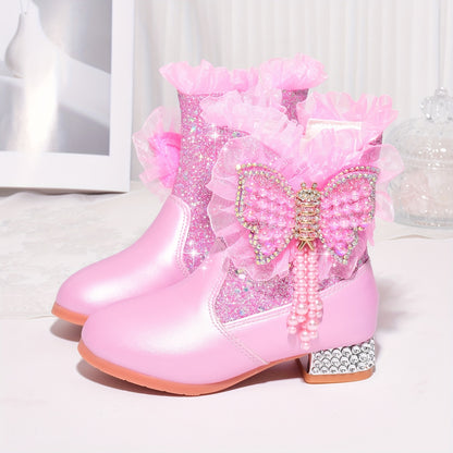 Shoes with Fleece for Winter, Stylish Short Boots for Girls, New Warm High-Heeled Princess Shoes with Bows for Snowy Days.