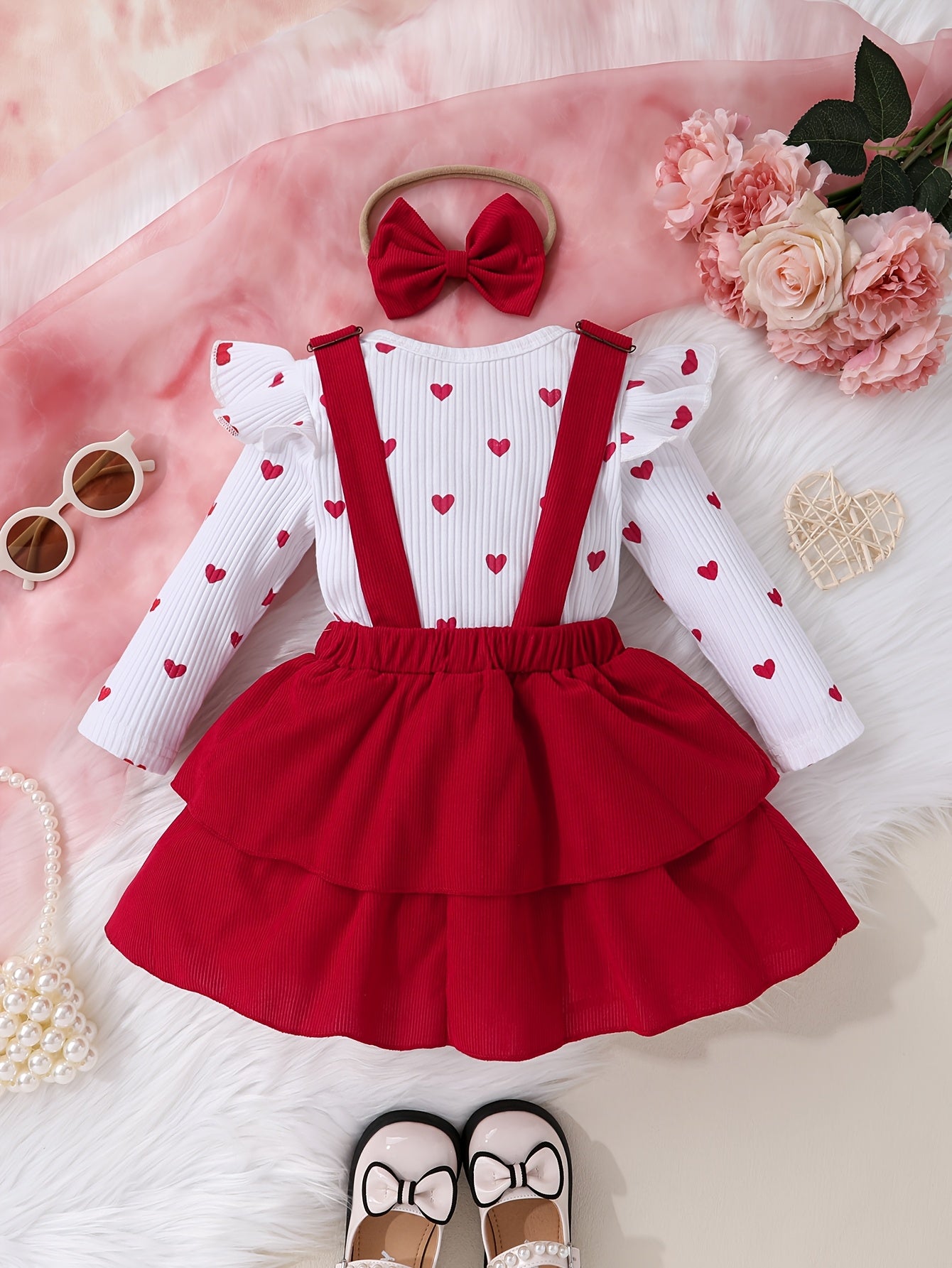 Girls' Love Print Ruffle Sleeve Top Double Skirt Overalls with Bow Headband Three-Piece Set, for Outdoor