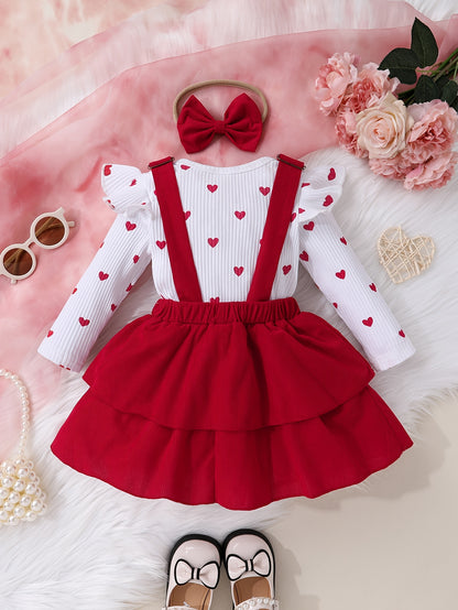 Girls' Love Print Ruffle Sleeve Top Double Skirt Overalls with Bow Headband Three-Piece Set, for Outdoor