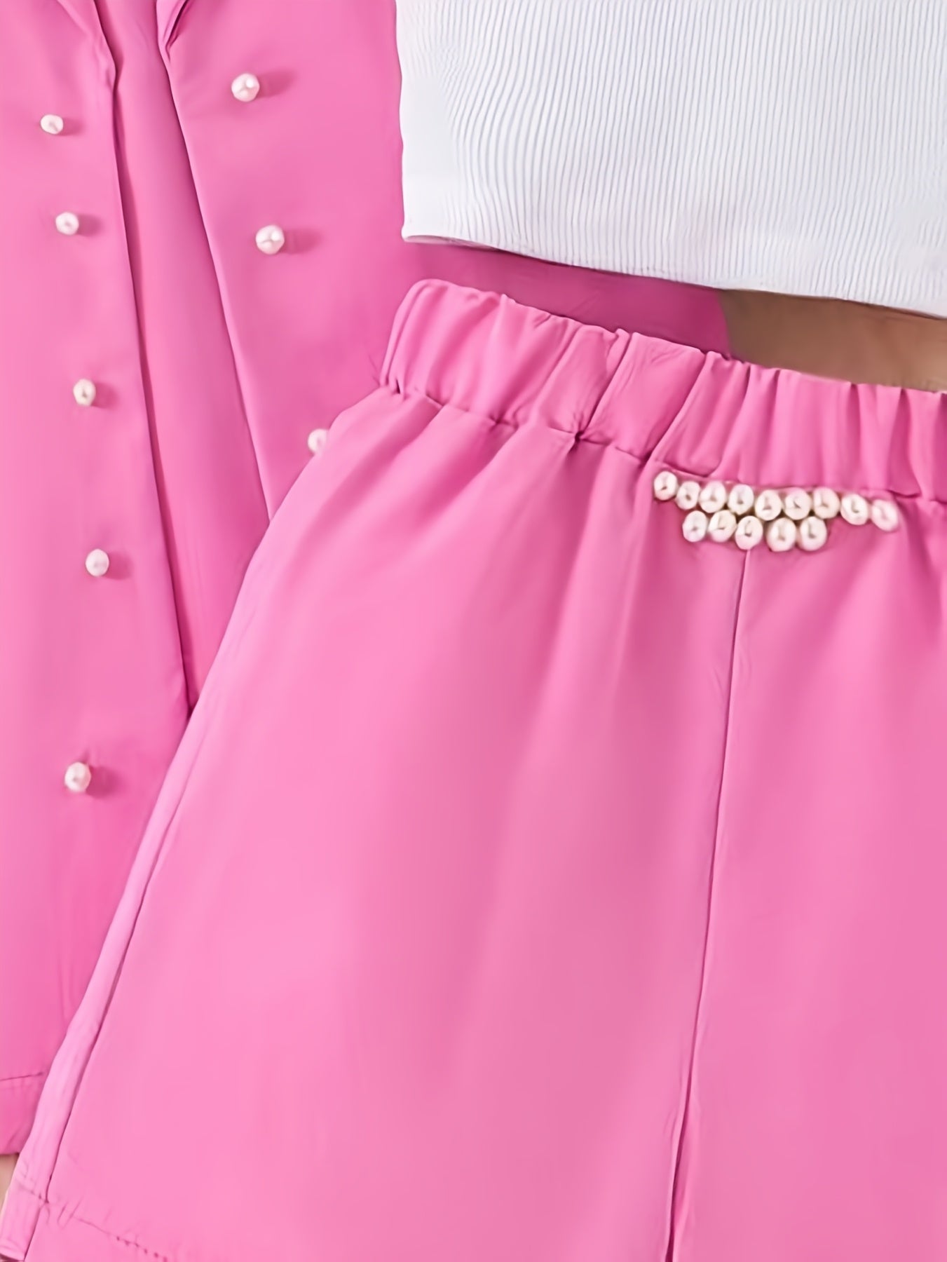 3pcs Set, Spring and Autumn Girls' Fashion Outfit with Beaded Jacket + Camisole Top + Slim Fit Straight Pants, Suitable for 8-12 Years Old Kids Girls Outdoor Wear, for Outdoor